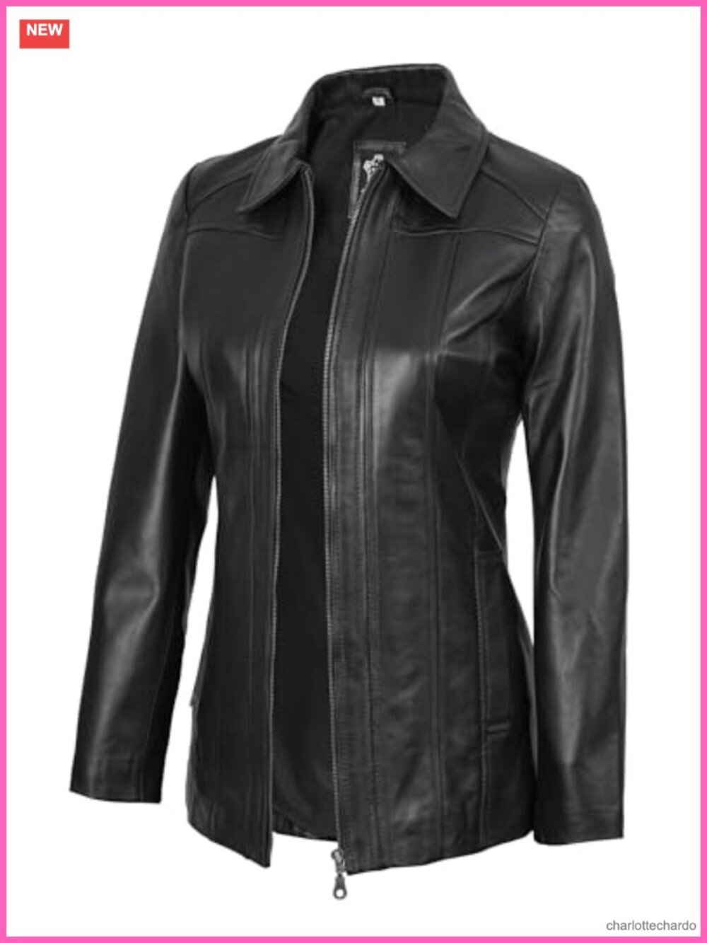100% Real Lambskin Leather Car Coat Long Shirt Collar Zip Jacket